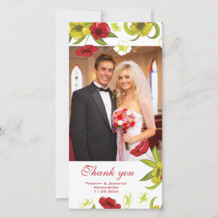 Red + Lime Green poppy flowers wedding thank you Card