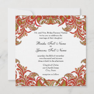Red, Lime & Orange Vintage Paisley Damask Wedding Invitation