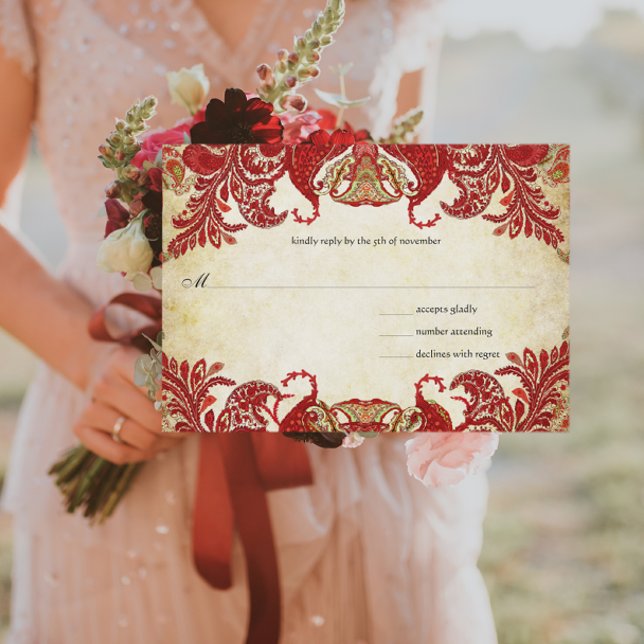 Red, Lime & Orange Vintage Paisley Peacock RSVP (Creator Uploaded)