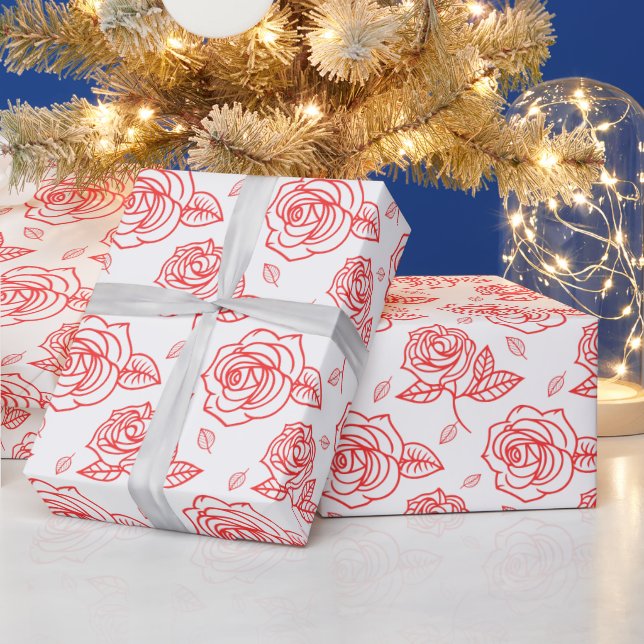 Red Line Art Rose  Wrapping Paper (Holidays)