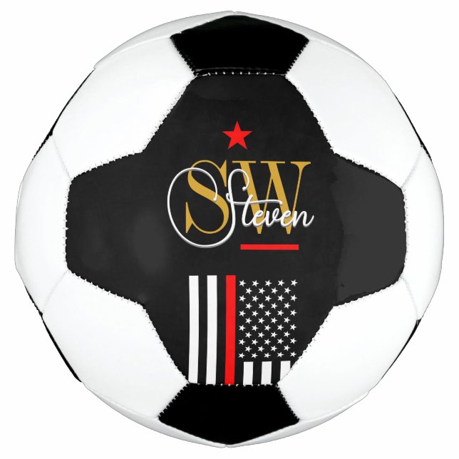 Red Line & Monogrammed Name / Modern Signature Soccer Ball (Front)