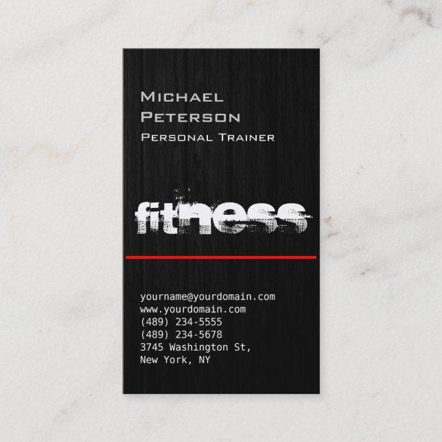 Red Line Wood Pattern Grey Fitness Business Card (Front)