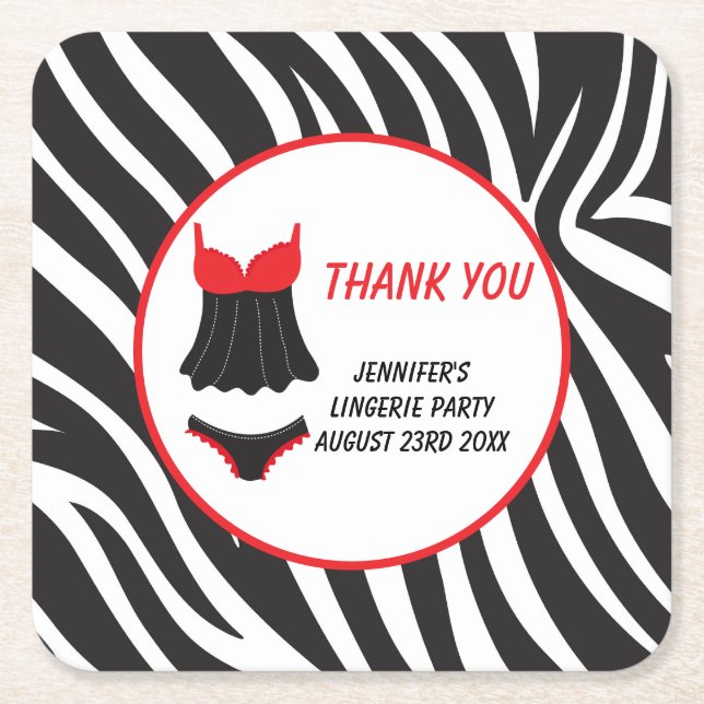 Red Lingerie Party Thank You Square Paper Coaster (Front)