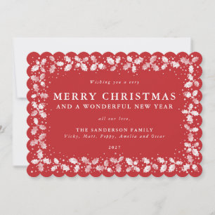 Red Lino Print Holly Leaves Border Flat Non Photo Holiday Card