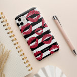 Red Lip Print Kisses Black & White Stripe Case-Mate iPhone 14 Case<br><div class="desc">Smooch! Chic phone case features a black and white stripe background overlaid with vibrant red lip print kisses. Use the optional personalisation field to add a name or monogram,  or simply delete. Makes a cute gift for makeup artists or beauty enthusiasts.</div>