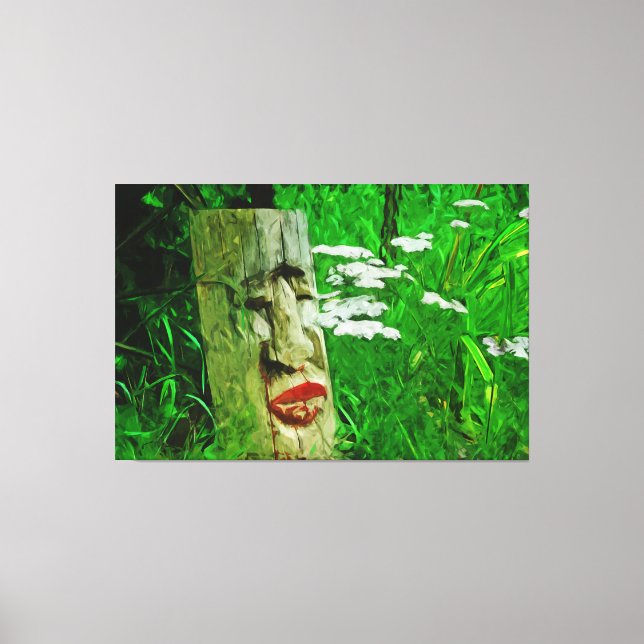 Red Lipped American Indian Totem Among Wildflowers Canvas Print (Front)