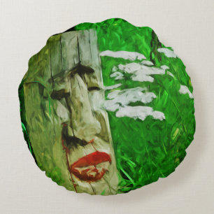 Red Lipped American Indian Totem Among Wildflowers Round Cushion