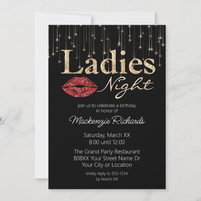 Red Lips and Gold Glitter Ladies Night Invitation (Front)