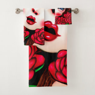Red Lips and Red Roses Pattern Bath Towel Set