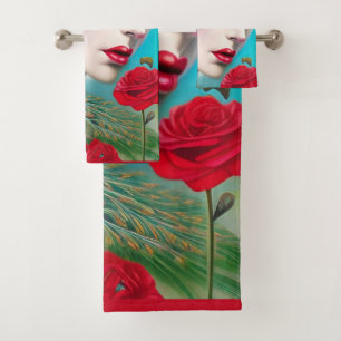 Red Lips and Roses Peacock Abstract Bath Towel Set