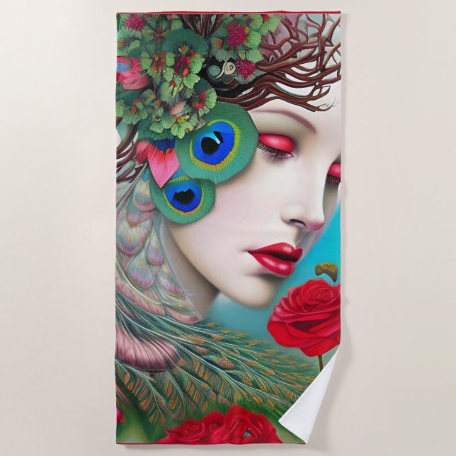 Red Lips and Roses Peacock Abstract Beach Towel (Front)
