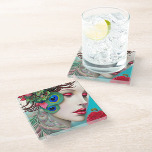 Red Lips and Roses Peacock Abstract Glass Coaster