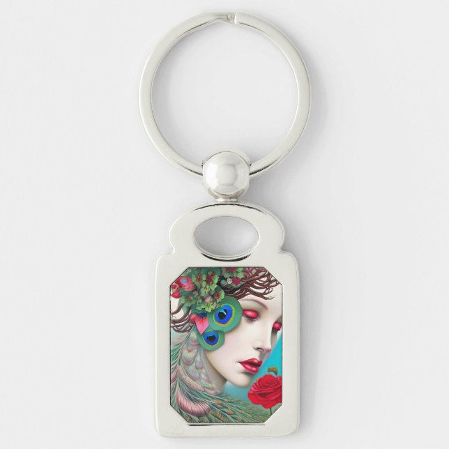 Red Lips and Roses Peacock Abstract   Key Ring (Front)