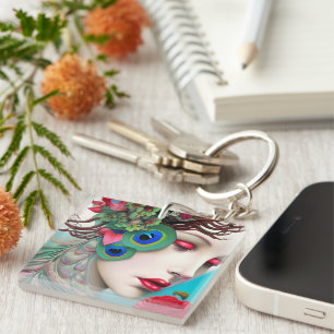 Red Lips and Roses Peacock Abstract  Key Ring
