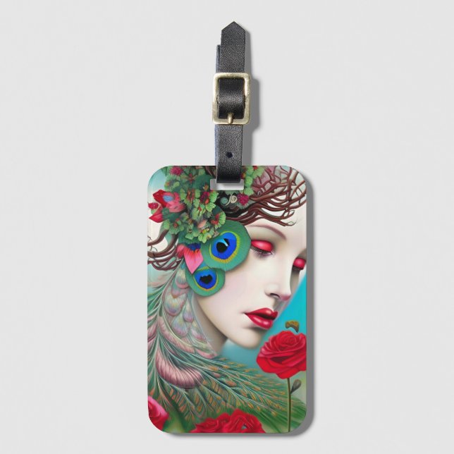 Red Lips and Roses Peacock Abstract   Luggage Tag (Front Vertical)