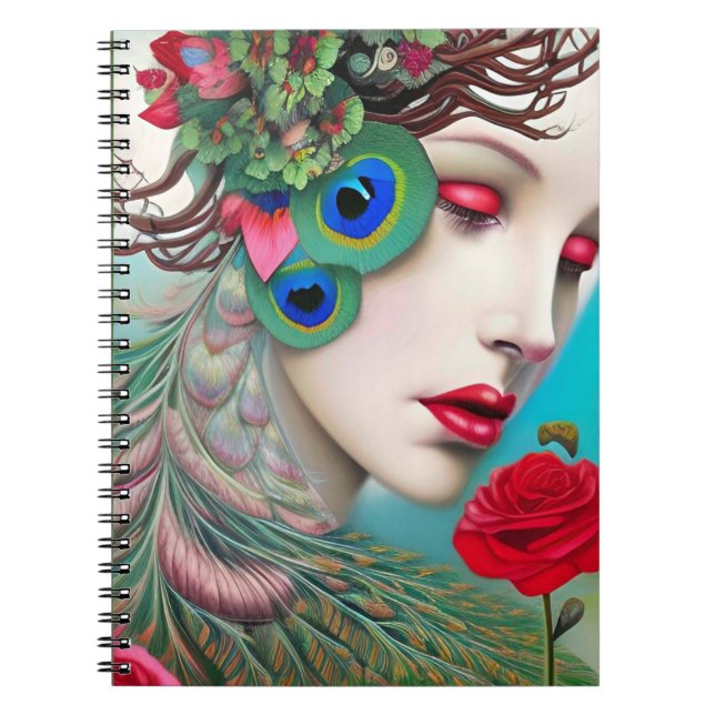 Red Lips and Roses Peacock Abstract   Notebook (Front)