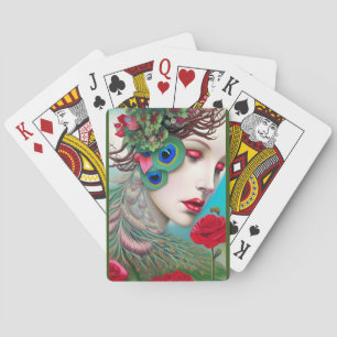 Red Lips and Roses Peacock Abstract Playing Cards