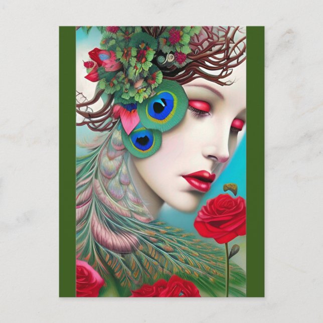 Red Lips and Roses Peacock Abstract  Postcard (Front)
