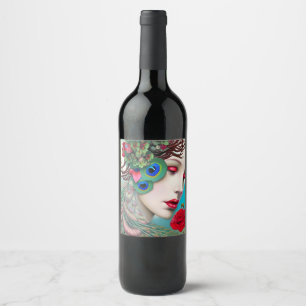 Red Lips and Roses Peacock Abstract Wine Label