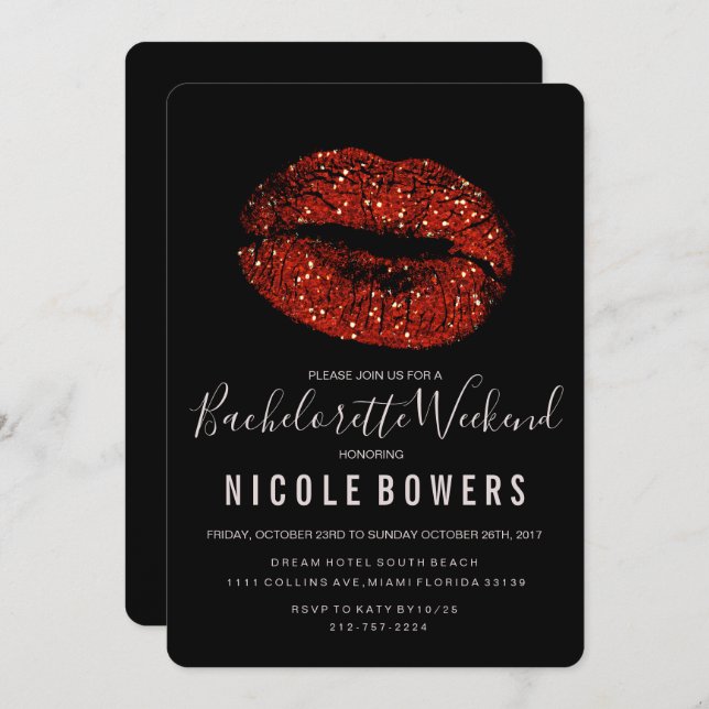 Red Lips Bachelorette Weekend Itinerary Invitation (Front/Back)