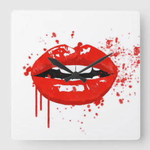 Red lips beauty makeup kiss fashion square wall clock