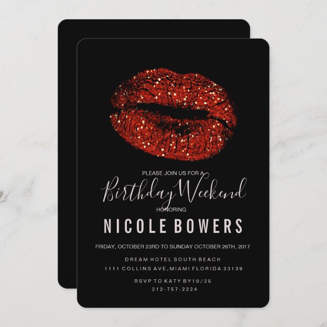 Red Lips Birthday Weekend Itinerary Invitation (Front/Back)