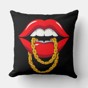 Red Lips Biting a Stylish Golden Chain Cushion