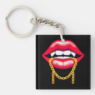 Red Lips Biting a Stylish Golden Chain Key Ring