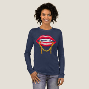 Red Lips Biting a Stylish Golden Chain Tri-Blend Shirt