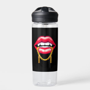 Red Lips Biting a Stylish Golden Chain Water Bottle