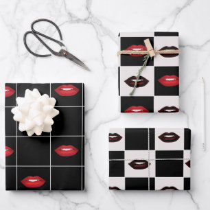 Red Lips Black Chequerboard and Grid Retro Vibes Wrapping Paper Sheet