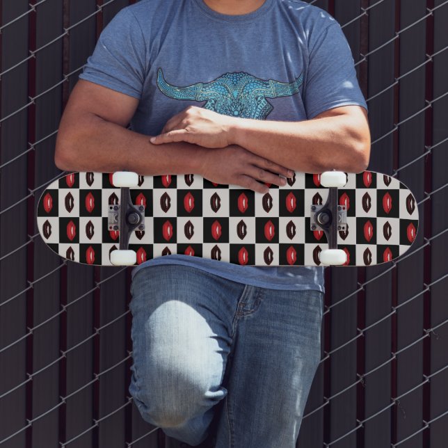 Red Lips Black Chequerboard Retro Vibes Skateboard (Outdoor 3)