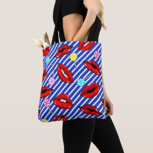 Red Lips Blue Stripes  Tote Bag