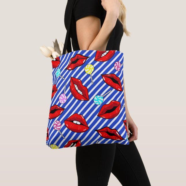 Red Lips Blue Stripes  Tote Bag (Close Up)
