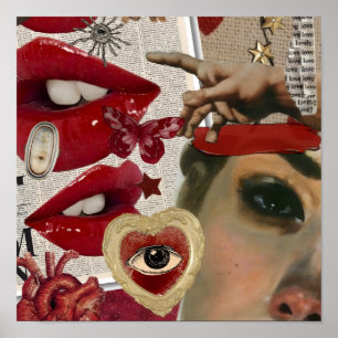 Red Lips Collage Bold Pop Art Heart Print