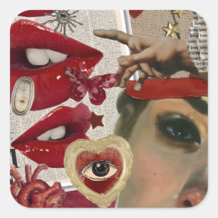 Red Lips Collage Bold Pop Art Square Sticker