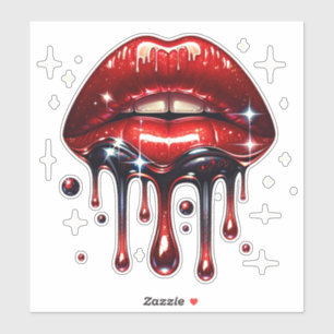 Red Lips Dripping Glitter Glam Faux Sparkle