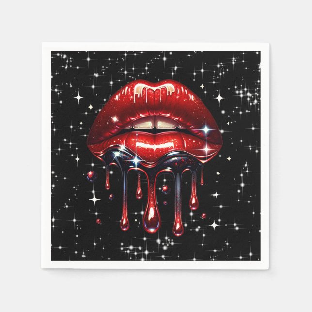 Red Lips Dripping Glitter Glam Sparkle Birthday  Napkin (Front)