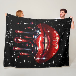 Red Lips Dripping Glitter Glam Sparkle Fleece Blanket