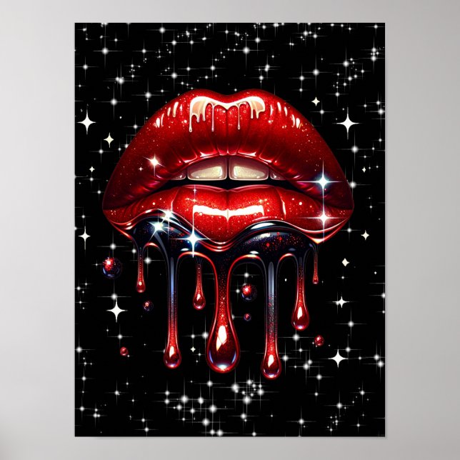 Red Lips Dripping Glitter Glam Sparkle Poster (Front)