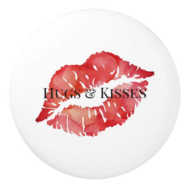 Red Lips Hugs & Kisses Ceramic Knob (Front)