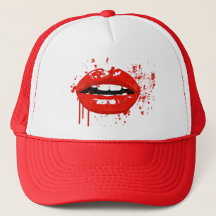 Red lips kiss beauty fashion makeup trucker hat