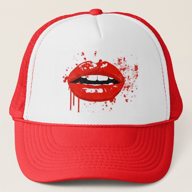 Red lips kiss beauty fashion makeup trucker hat (Front)