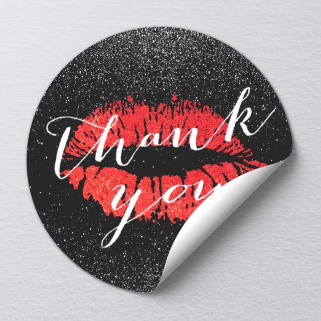 Red Lips Kiss Black Glitter Thank You Classic Round Sticker (Creator Uploaded)