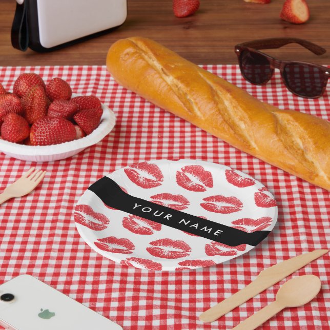 Red Lips, Kiss, Lipstick, Your Name, Personalise Paper Plate (Picnic)