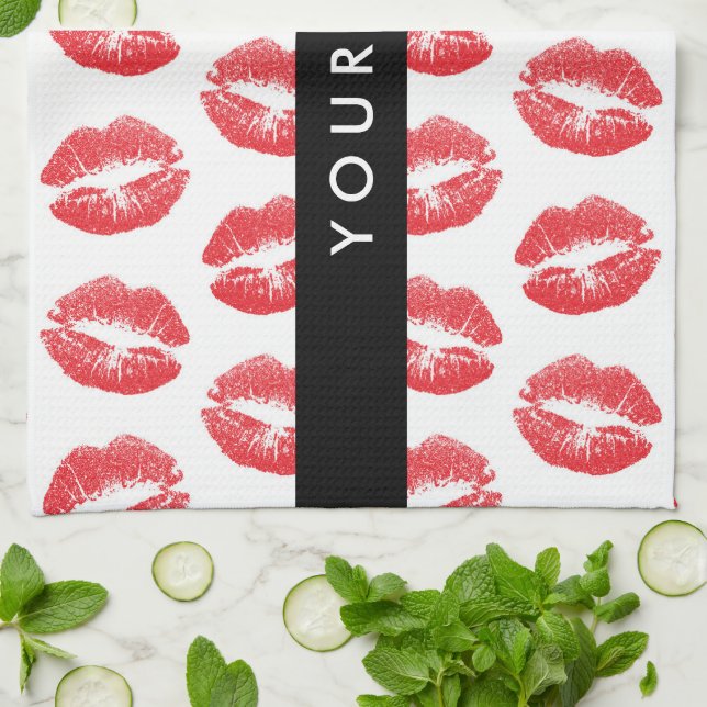 Red Lips, Kiss, Lipstick, Your Name, Personalise Tea Towel (Folded)