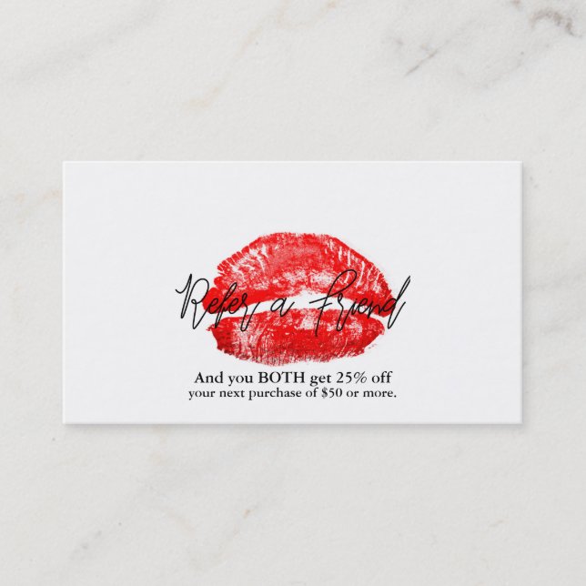 Red Lips Kiss Makeup Beauty Glam Refer a Friend Referral Card (Front)