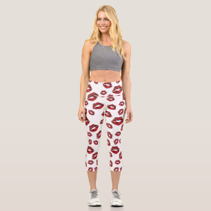 Red Lips Kiss Pattern Capri Cropped Leggings