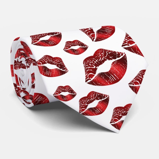 Red Lips Kissing Pattern Valentine's Day Tie (Rolled)