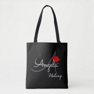 red lips . makeup artist monogram beauty black tote bag